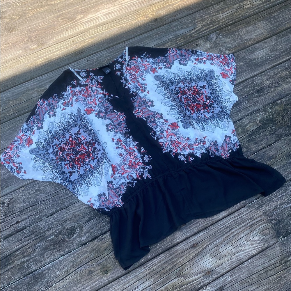 Lane Bryant floral blouse semi-sheer tunic dolman sleeves flounce sz 22/24